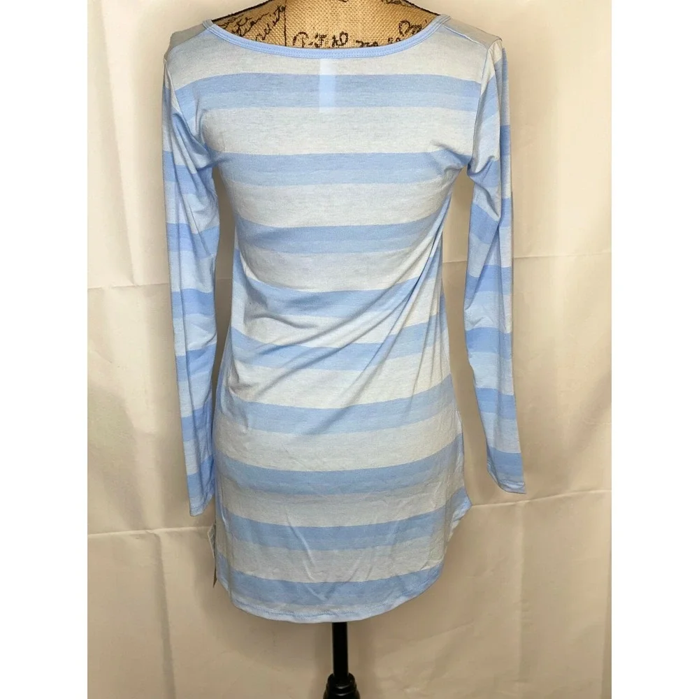 LuLaRoe Womens XXS Blue Striped Long Sleeve Scoop Neck Tunic Top Soft Knit